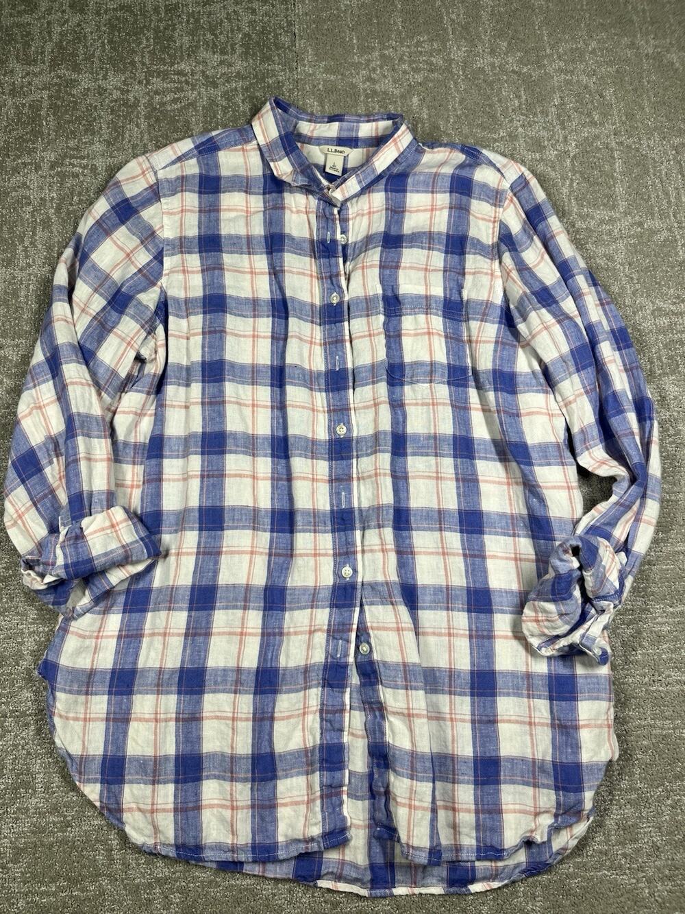 LL Bean 100% Linen Plaid Button Down Long Sleeve Shirt Size Large